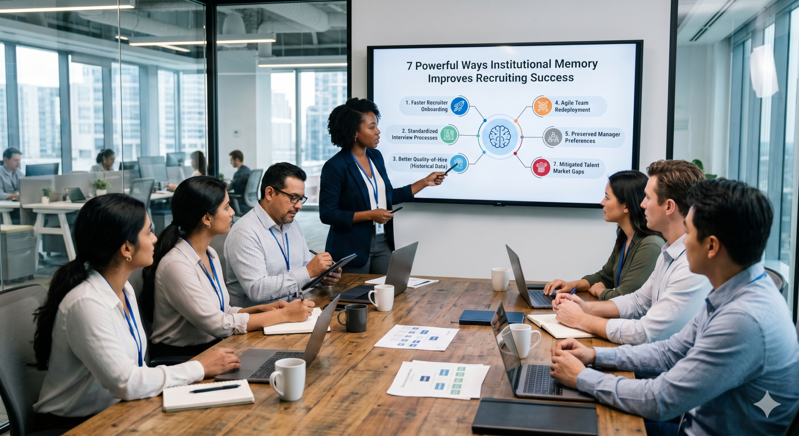 HR and recruiting team meeting discussing recruiting team knowledge strategies to improve hiring success, recruiter onboarding, and talent acquisition performance